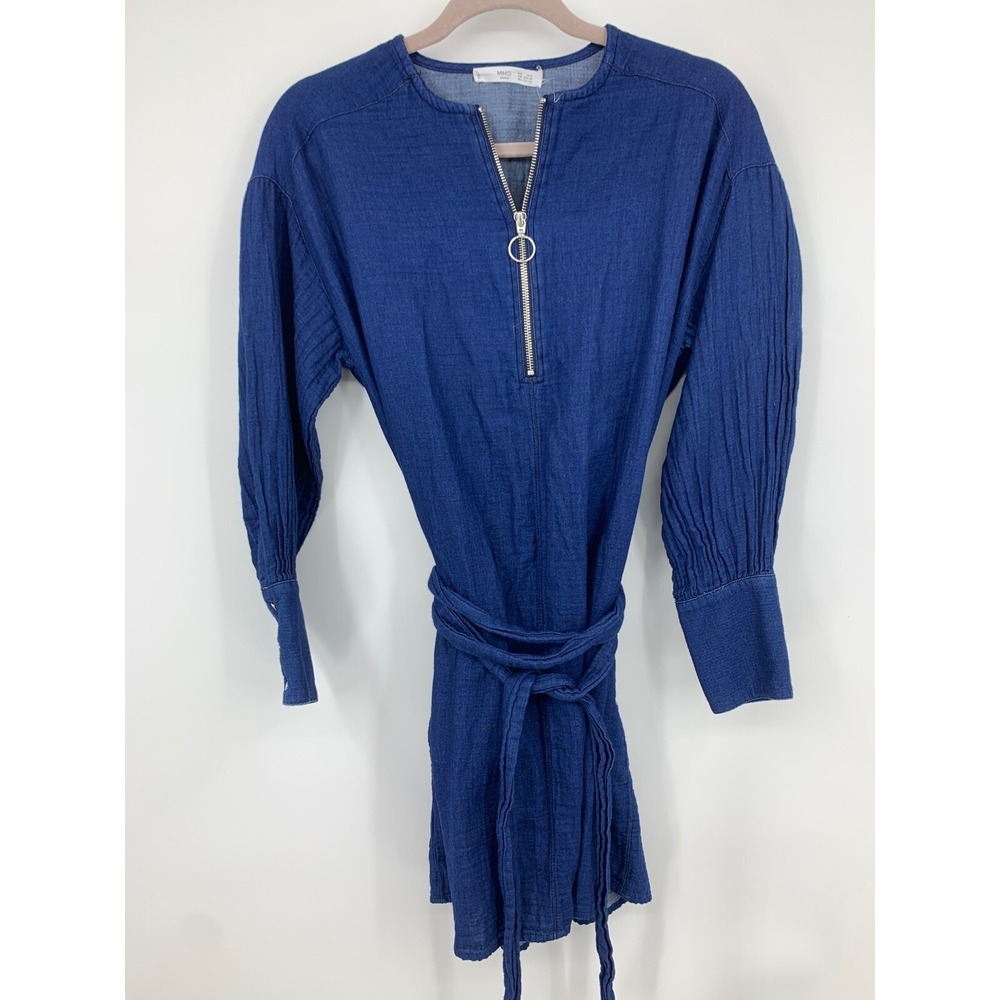 MNG Denim XS small shirt dress‎ blue long sleeve pockets tie shift career casual
